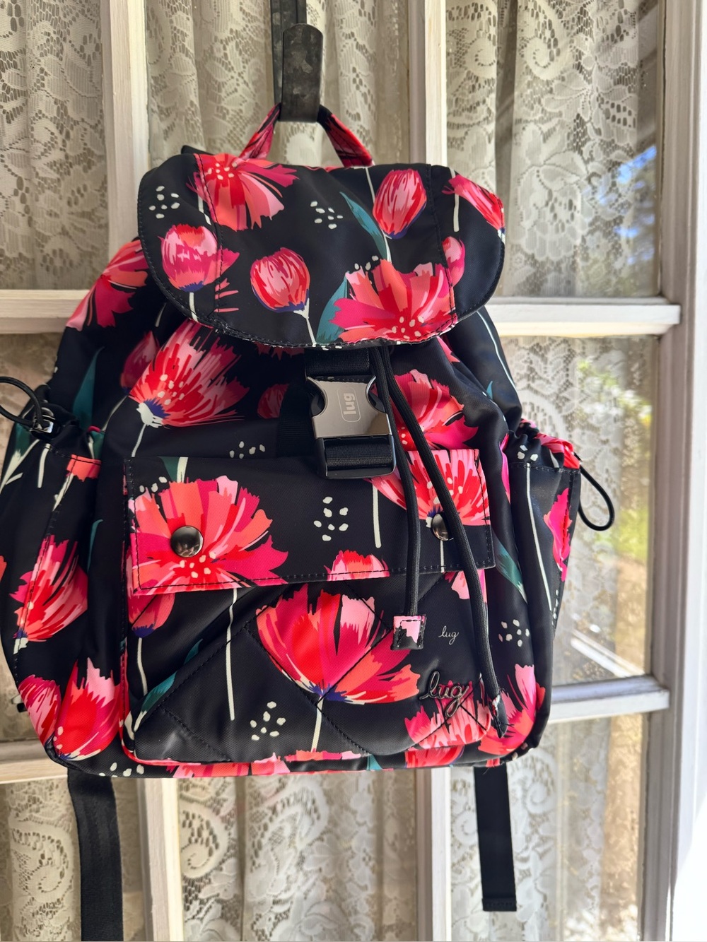 EUC Lug Wiffle Floral Print Black Backpack with Pink-Red Blooms